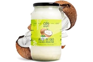 CIBO CRUDO CRUDO BIOLOGICO VEGAN Aceite de Coco Organico - 1L. Aceite de Coco Ecologico y Puro Comestible. Aceite de Coco para el Cabello Cuerpo Rostro y Piel. Líquido por encima de 23° Mantecoso por debajo. Organic Coconut Oil.