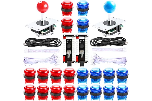 Hikig Kit Arcade DIY 2 Joueurs 2x encodeur USB Zero Delay + 2x Joystick + 20 boutons LED Arcade - Couleur rouge et bleue