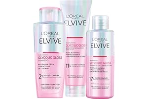 L'OREAL PARIS L'Oréal Paris Pack ELVIVE Glycolic Gloss Champú sin sulfatos y Acondicionador y Tratamiento en 5 minutos con Ácido Glicólico para Todo Tipo de Pelo
