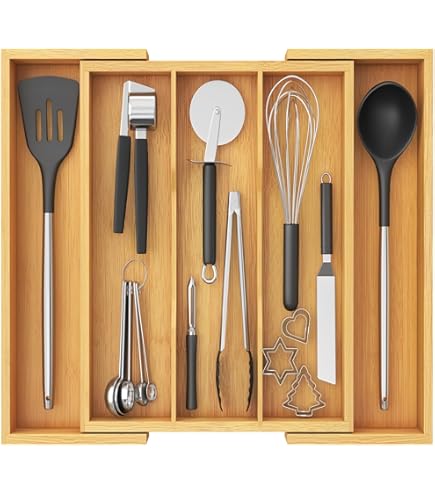 Lifewit Bamboe Besteklade voor Laden, Diepte 40 cm, Verstelbare Besteklade Breedte van 17,8 tot 30 cm, Lade Bestekorganiser voor Keuken, Bestekmand Keukengerei Houder voor Keuken Accessoires