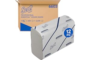Essuie-mains Scott® EssentialTM 6603 – pliés, enchevêtrés en V, 2 Épaisseurs, Blancs, Absorbants & Écoresponsables – 12 Paquets x 220 Feuilles (2 640 au Total)