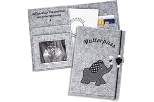 ZWEN Mutterpasshülle Elefant grau - Filz für deutschen Mutterpass handmade - Mutterpass Organizer mit Fächern für Ultraschallbild, Impfpass als Schwangerschaft Geschenk