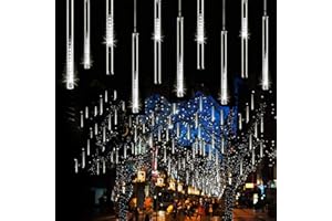 288LED Météores Pluie Lumières,EHOFUN étanche 30cm 8 Tubes Solaire Chute Douche Stalactite Guirlandes Lumineuses pour Sapin Noë Mariage Fête Jardin Maison Décoration Extérieure (Blanc)