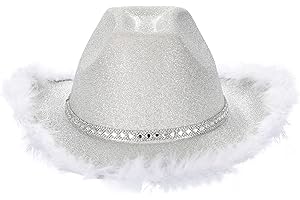 Qtinghua Cowboyhut für Damen, flauschiger Federbesatz, Halloween-Kostüm, Cowgirl-Hut für Cosplay, Kostümparty, Rollenspiel, Geburtstagsparty, Weiß-Rosa