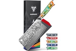 SANMUZUO Damas Feuille de Boucher, Couteau de Cuisine Chinois Professionnel Couperet de Cuisine en VG-10 67 Couche Damas Acier avec Poignée en Résine(Orange Fantastique) - Xuan Série