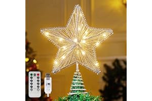 JOIEDOMI Metalowy szpic choinkowy, 30,5 cm, z promieniowym wzorem, 20 diod LED, ciepła biel, czubek choinki, zasilany przez USB, pilot zdalnego sterowania do dekoracji choinki