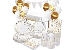 GOLDNICE Stoviglie Piatti Festa per Feste Compleanno Bianco e Oro, 25 Ospiti Set Piatti di Carta e Bicchieri con Tovaglioli, Tovaglia, per Baby Shower Matrimoni Anniversari Laurea Natalizi Feste Decorazione