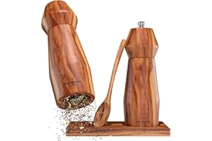 Wolfgangs Salz und Pfeffermühle Klein aus Holz - Edles Gewürzmühlen Set mit Keramikmahlwerk für jede Mahlgröße - Pfeffer und Salzmühle Holz - Pfeffer Mühle mit Extra Untersetzer + Löffel
