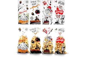 GUO-YING Cellophantüten, 100 Stücke Halloween Tüten für Süßigkeiten Cellophantüten, Süßigkeiten Tüten mit 120 Stücke Twist Krawatten (Rot)