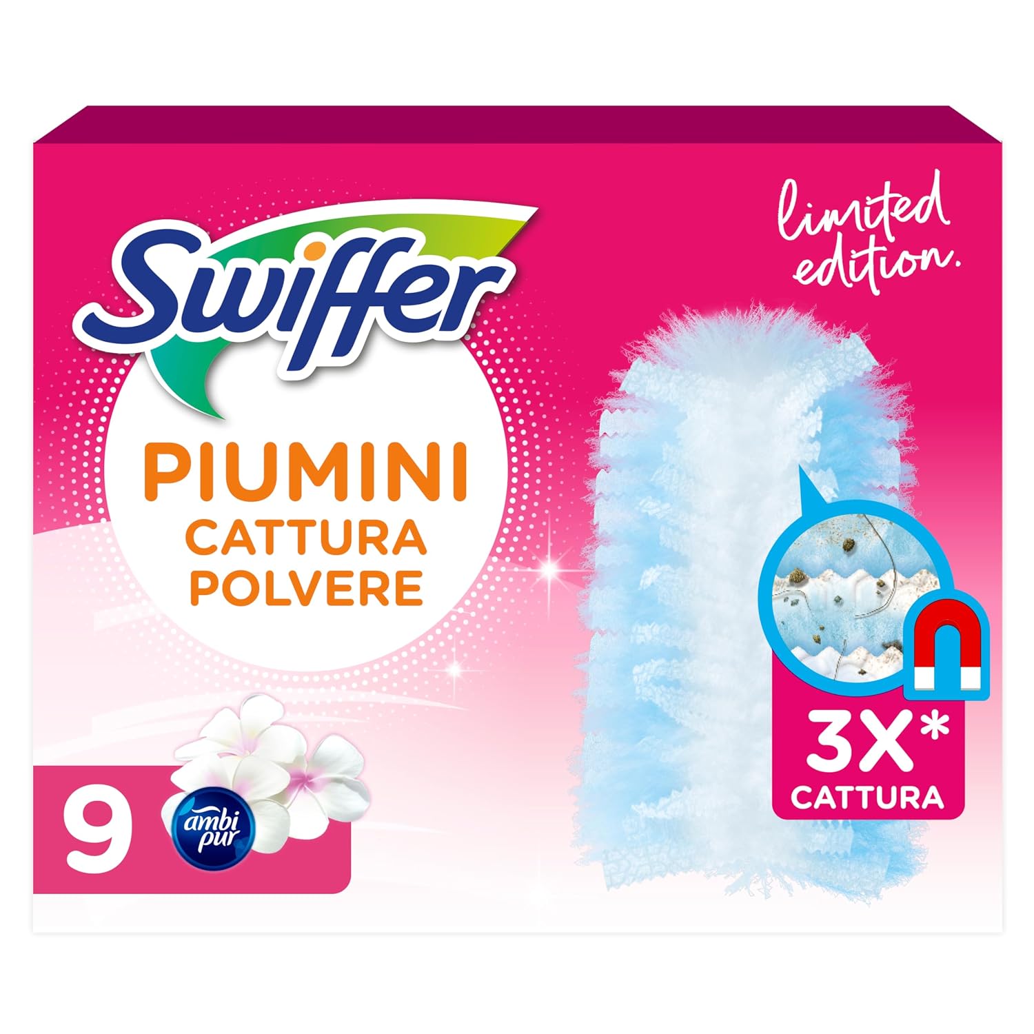 Swiffer Duster, Ricariche Piumini Catturapolvere, 9 Panni, Limited Edition | Cattura 3 Volte Più Polvere e Peli/Capelli Rispetto alla Scopa Tradizionale, Migliaia di Microfibre, Antiodore
