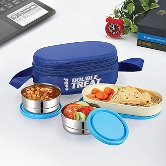 CELLO Double Treat Set of 3 Pcs Lunch Box with Jacket For Daily Use, Blue | 2 x 300ml Stainless Steel Containers, 1 x Oval Container |Lightweight Leak