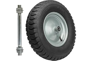 Garronda Roue de brouette 4.80/4.00-8 8PR Heavy Duty Ø 405×95 mm avec axe, pneumatique renforcée, jante acier, doubles roulements, valve auto, moyeu 99 mm alésage 12 mm – ch GD-0163, Noir-Argent