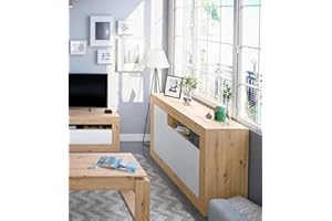 Dmora - Credenza Thornton, Armadio da salotto, Buffet da soggiorno con scomparti, Mobile Porta TV, Madia moderna a 3 ante, 144x42h87 cm, Rovere nodi e Bianco