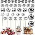 SJUNJIE 36 Pièces Boule Disco Deco Gâteau Plugin Mini Boule a Facette Décoration de Gâteau Disco Boules à Facettes Argent Disco Ball Convient pour Fête D'anniversaire de Musique