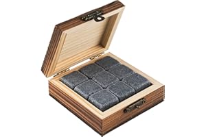 Buddy´s Bar - 9 Whiskey Steine, 2 x 2 cm, Geschenkset Basic, stilvolle Holzbox, Wiederverwendbare, natürliche Eiswürfel aus Granit, geschmacksneutrale Kühlsteine, grau