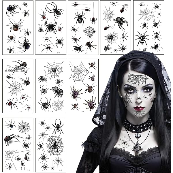 10 Blatt Halloween Spinnen Tattoos - Temporäre Schwarze Spinnen & Netze