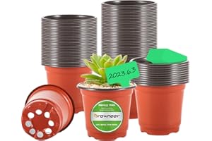 GROWNEER 60 Packs 4 Inch Plastic Plant Nursery Pots with 15 Pcs Plant Labels, 10cm Seed Starting Pot Outdoor Flower Planting Pots Container for Succulents Seedlings Cuttings Transplanting