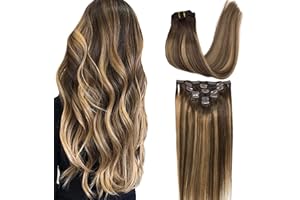 GOO GOO - Extensión de clip de pelo natural, 45 cm, 120 g, 7 unidades, #4/27/4 marrón chocolate a rubio caramel, extensión de pelo humano real clip de pelo natural