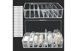 Xpieoyrm Scatola trasparente per l'organizzazione dei cavi, 2 Pezzi Scatola di Immagazzinaggio per Cavi Dati con 8 scomparti e 20 fascette, Scatola Organizer per Cavi Usb, per Casa, Ufficio, Scrivania