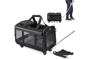 KOPEKS - Sac de Transport pour Chien/Chat à roulettes pour Animaux de Compagnie Chiens, Chats, Lapins Modèle Trolley et Chariot de Voyage avec Poignée au Manche Télescopique et Poches Rangement Noir