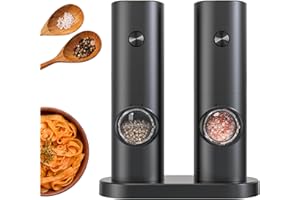 PRESTIGE PRODUCTS GLOBAL Electric Salt and Pepper Grinder Set, Adjustable Coarseness, Automatic Single Hand Operation Pepper Mill with Base. Suitable for Kitchen, Restaurant & BBQ