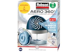 Rubson - Absorbeur d'Humidité Aero 360 pour pièces de 20 m² – Déshumidificateur d'air anti-odeurs et anti-moisissures – 1 recharge neutre de 450 g incluse