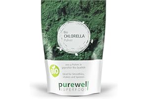 PUREWELL SUPERFOOD CHLORELLA Pulver Bio 200g - 100% reines Chlorella Algen Pulver aus kontrolliert biologischem Anbau - Zellwand gebrochen für hohe Bioverfügbarkeit - vegan, laktose- & glutenfrei ohne Zusätze