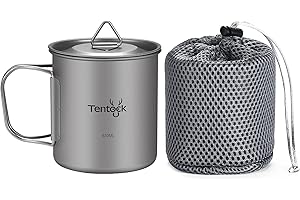 Tentock Titanium Cup Backpacking Camping Mug Lightweight Portable Coffee Mug Outdoor Multifunctional Cooking Pot with Lid and Foldable Handle for Hiking Trekking or Daily Use (420ml)