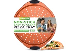 Nutrichef Non-Stick Pizza Tray for Oven, 33cm Round Carbon Steel Baking Trays with Perforated Holes, Silicone Handles, Dishwasher Safe, Pizza Stone Alternative, Copper