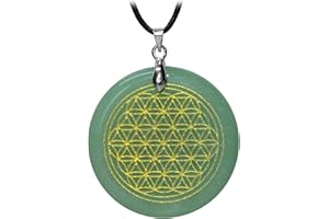 Kaltner Präsente – Idea regalo – Cadena de cuero para mujer y hombre con discos, colgante de la piedra preciosa venturina (diámetro de 38 cm) con motivos de la flor de la vida