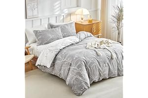 Tokokimo Funda Nórdica Cama 135/150 de 4 Piezas, Microfibra Funda Nordica 240x220 con Bajera Ajustable 150x200+35, 2 Fundas de Almohada 50x75, Ramas y Hojas Patrón, Gris/Blanco