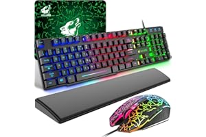 ZIYOU LANG Tastiera e Mouse Gaming con Poggiapolsi, USB Cablato Layout Italiano QWERTY Tastiera Retroilluminato a LED Colore Arcobaleno, Mouse 6 Tasti 2400 DPI e Tappetino per Mouse per Giochi per PC, Nero