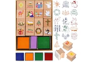 DPKOW Bois Crèche de Noël Tampons pour Enfants Artisanat avec Encreur, Religieux Noël Tampons pour Enfants Bricolage Scrapbooking Carte Crèche Noel Impression Gadget Artisanat Cadeau Goodies
