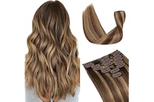 TESS 30 cm Extensiones de Clip de Pelo Natural Balayage #4/27 Marrón Medio & Rubio Oscuro 8pcs 18 clips 55g Extensiones de Pelo Natural con Clip Cabello Reutilizable Invisible Suave