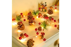 ZeMu Christmas Garland with Lights, 2m 20 LEDs Christmas Lights with Pine Cone Fairy Lights Battery Operated, Wreath Light Up Christmas Decorations Indoor Outdoor Christmas Tree Decorations