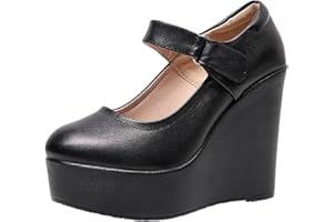 Jamron Femme Plateforme Haute Talon Compensé Mary Jane Chaussures Crochet et Boucle Escarpins Cuir