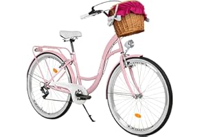 MILORD BIKES Milord. 26 Zoll 7-Gang Rosa Komfort Fahrrad mit Korb und Rückenträger, Hollandrad, Damenfahrrad, Citybike, Cityrad, Retro, Vintage