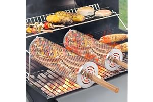 ECOSEAO 2 pezzi Cestini per Grigliare, Cestello per Griglia Rotante con Maniglia di Legno, Cestino per Barbecue Acciaio Inox, Accessori Barbecue per all'aperto, Cestello per Grigliare Cilindrici per Verdure
