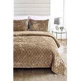Quilted Velvet Bedspread Set Double Supersoft 3 Piece Soft Fiber Filled Dowry Coffee