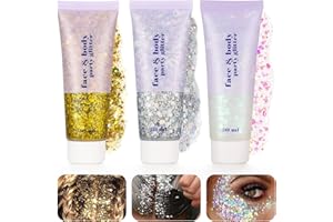 Xinstroe 3 Stück Body Glitter gel, Sequins Chunky Glitter Liquid Gel für Gesicht Haare Lippen Nägel Make Up Kosmetik Festival Party, Silber,Gold,Weiß
