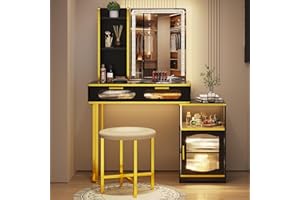 LVSOMT Tocador de Maquillaje LED con Espejo, Tocador de Maquillaje con Luz y Taburete, Tocador con USB Función de Carga, Tocador Maquillaje Moderno con 2 Cajones, Tocador Madera de Dormitorio, Negro