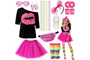 Sekepingo 24-Piece 80s Outfit Women's Set, 80s Clothing Costume, T-Shirt, Tank Tops, Leggings, Tutu, Leg Warmers, Gloves, Necklace, Bracelets for Carnival in Retro Style (XL)