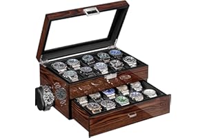 BEWISHOME Wysokiej klasy pudełko na zegarek, 20 przegródek na zegarek z dużą szklaną pokrywką, luksusowe etui na zegarki dla mężczyzn, przechowywanie zegarków, organizer do zegarka, wnętrze ze skóry