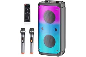 TAMPROAD Karaoke Machine with 2 Wireless Microphones, Portable Karaoke Machine for Adults & Kids, PA System with LED Lights, Karaoke Bluetooth Speaker Supports for TF Card/USB, AUX In, FM, REC,TWS