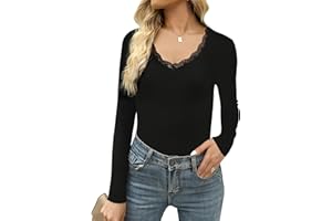 Crewhpo Thermo Oberteil Damen Langarm Slim Fit Oberteil mit Spitze Basic Langarmshirts Thermohemd für Frauen Einfarbiges Thermoshirt mit V-Ausschnitt