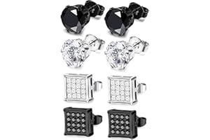 JeweBella 4 Paia Orecchini Uomo Acciaio Inossidabile Orecchini a Bottone Quadrati Zirconi Cubici Set Unisex Classici Orecchini Uomo Argento/Negro