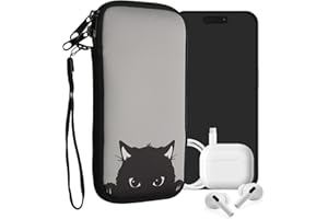 kwmobile Handytasche für Smartphones XL - 6,7/6,8" - Neopren Handy Tasche Hülle Cover Case Schutzhülle - Neugierige Katze Grau Schwarz - 17,2 x 8,4 cm Innenmaße