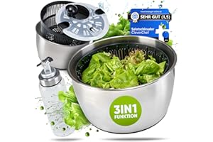 cleverchef 3 in 1 Salatschleuder Edelstahl 5L mit Dressing Shaker - Schleudern, Servieren, Aufbewahren BPA-Frei Salad Spinner Groß