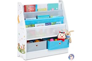 Relaxdays Estantería Infantil Animales, con 2 Cajas y 3 Bolsas Tela, Mueble Juguetes, Librería, 74x71x23 cm, Multicolor