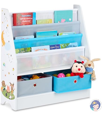 SONGMICS étagère de rangement enfant pour jouets et livres, 9 boîtes amovibles tissu non-tissé, 62,5 x 29,5 x 60 cm, pour chambre d'enfant, salle de jeux, garderie, école, motif espace, blanc GKR33WT